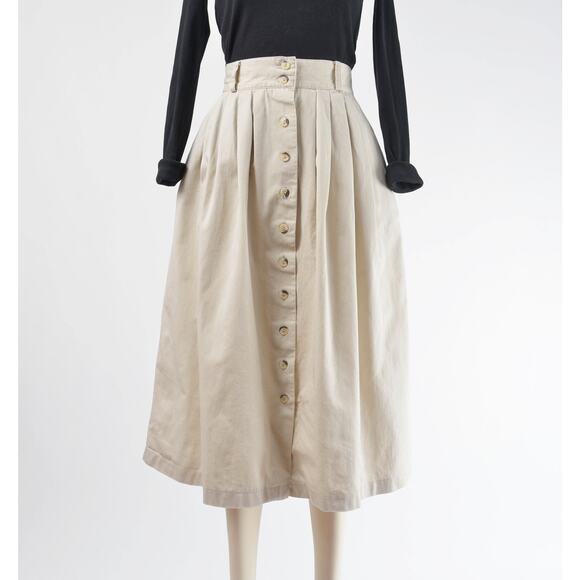 Vintage 90s Khaki Cotton Button Front Full Pleated Midi Skirt with Pockets S - Picture 3 of 7
